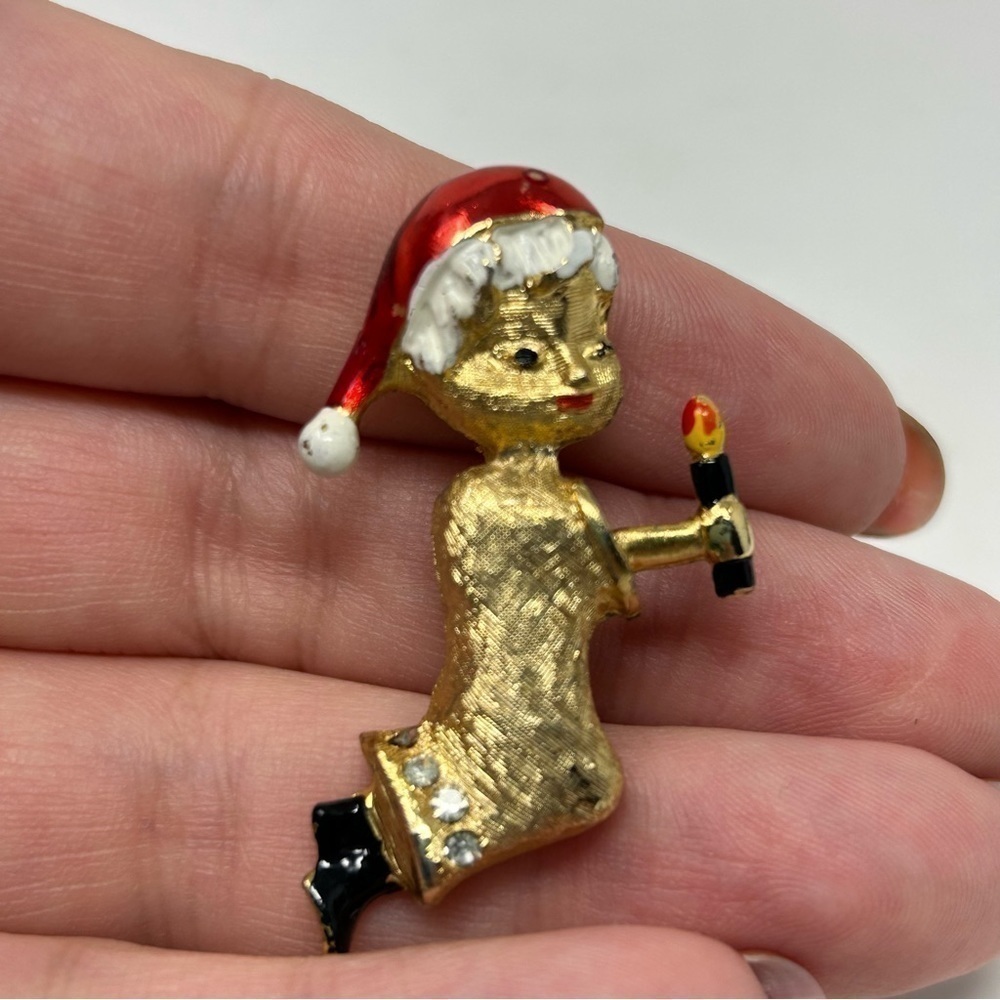 Vintage Small Gold Tone Boy In Santa Hat Holding Candlestick Brooch Holidays